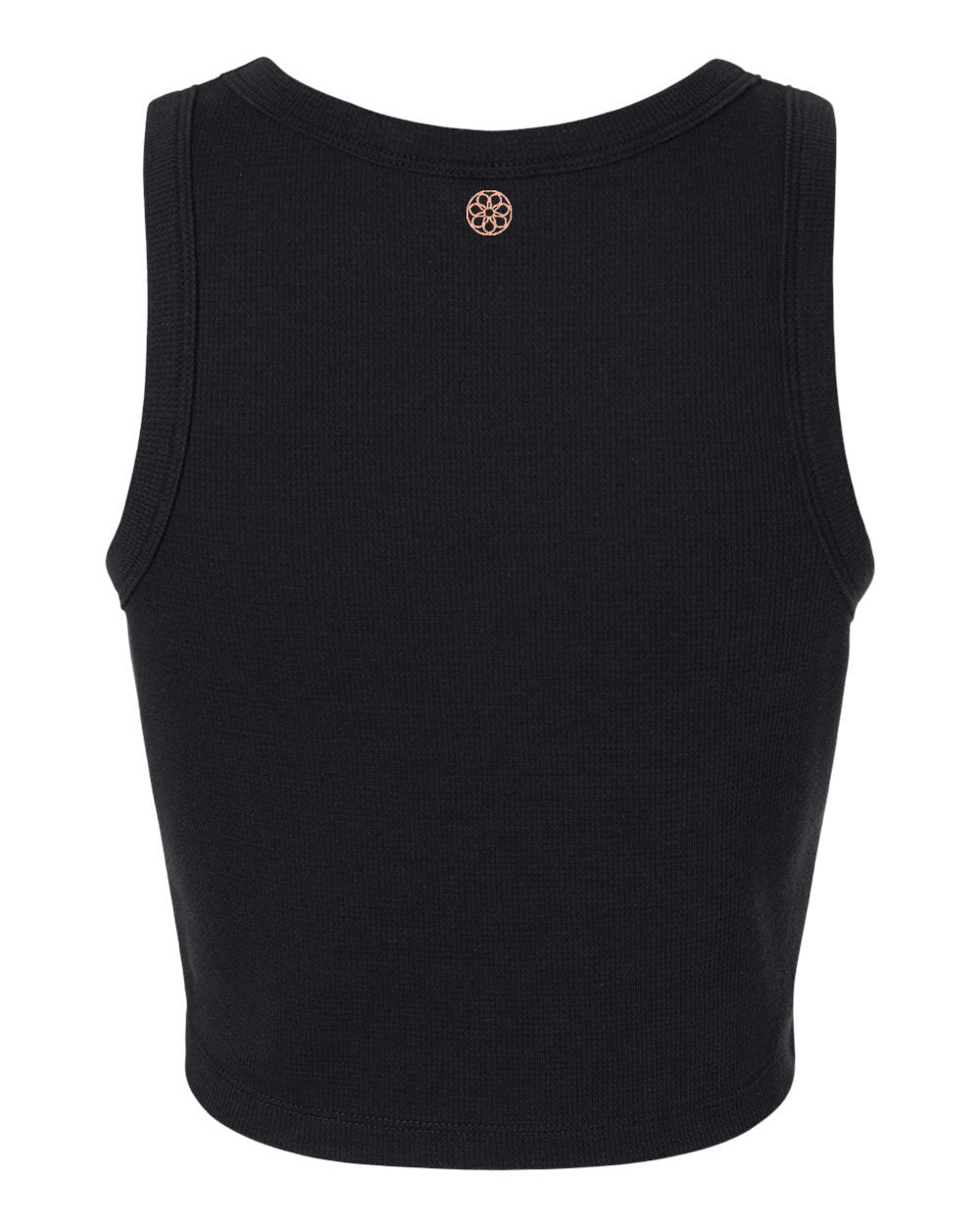 Thermal Crop Tank in Black with peach medallion, back