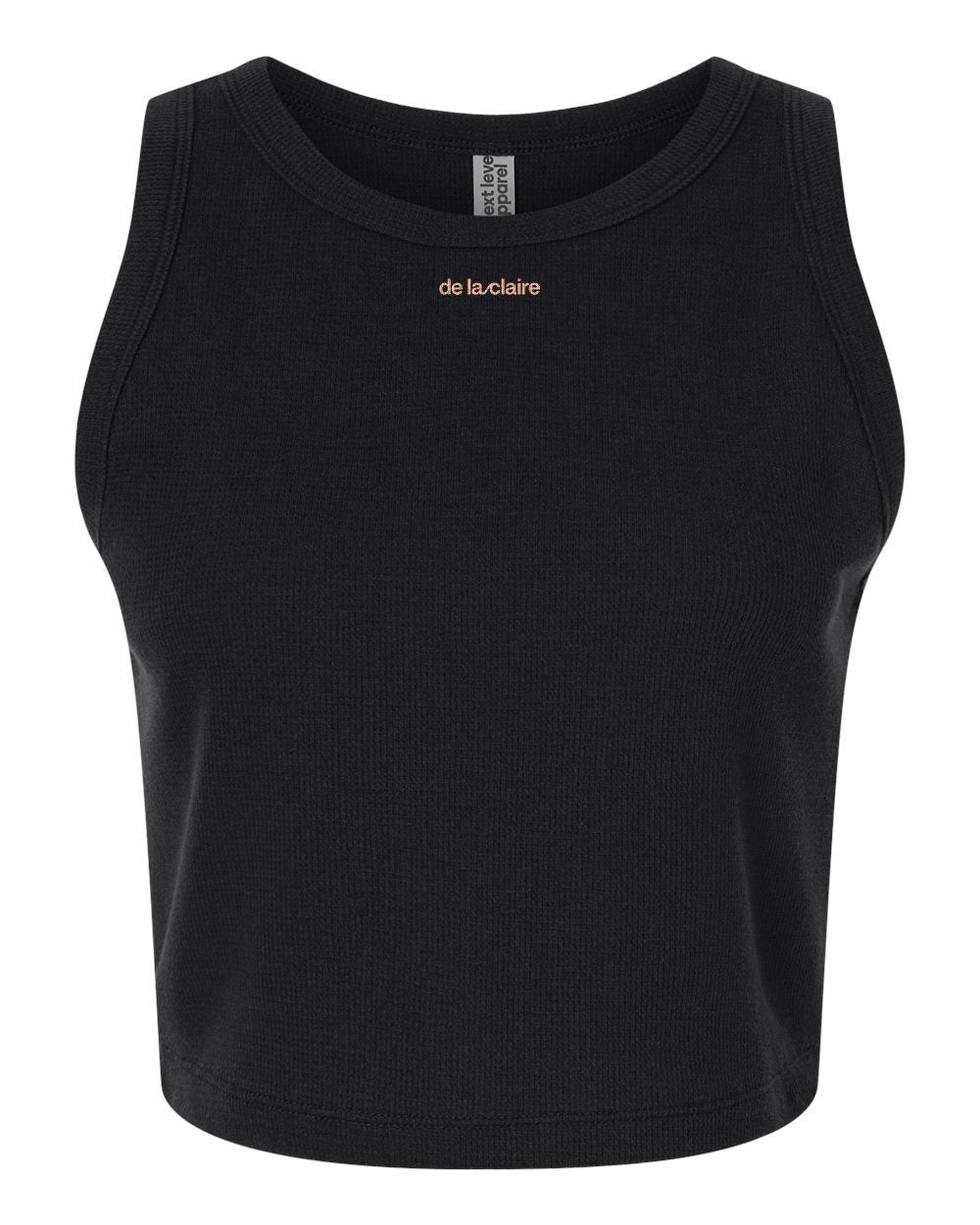 Thermal Crop Tank in Black with peach wordmark, front