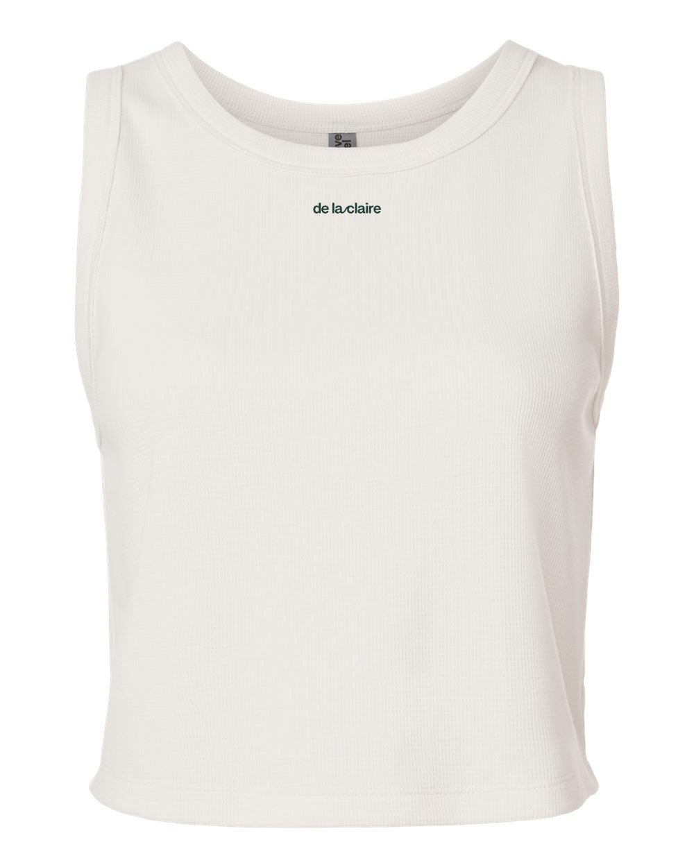 De La Claire Thermal Crop Tank in Bone, front, wordmark below the collar