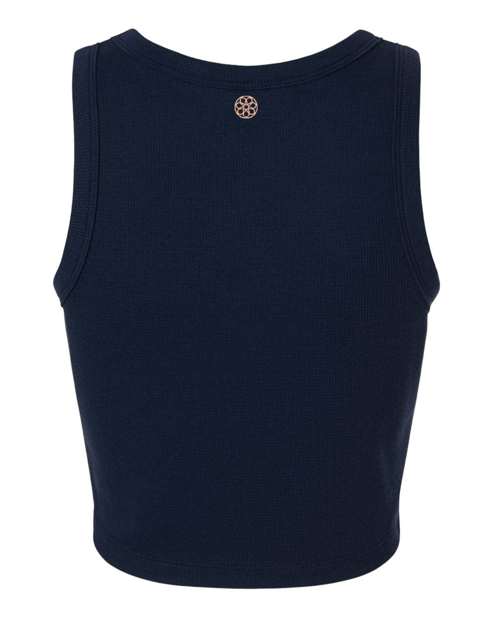 Thermal Crop Tank in Midnight Navy with peach medallion, back