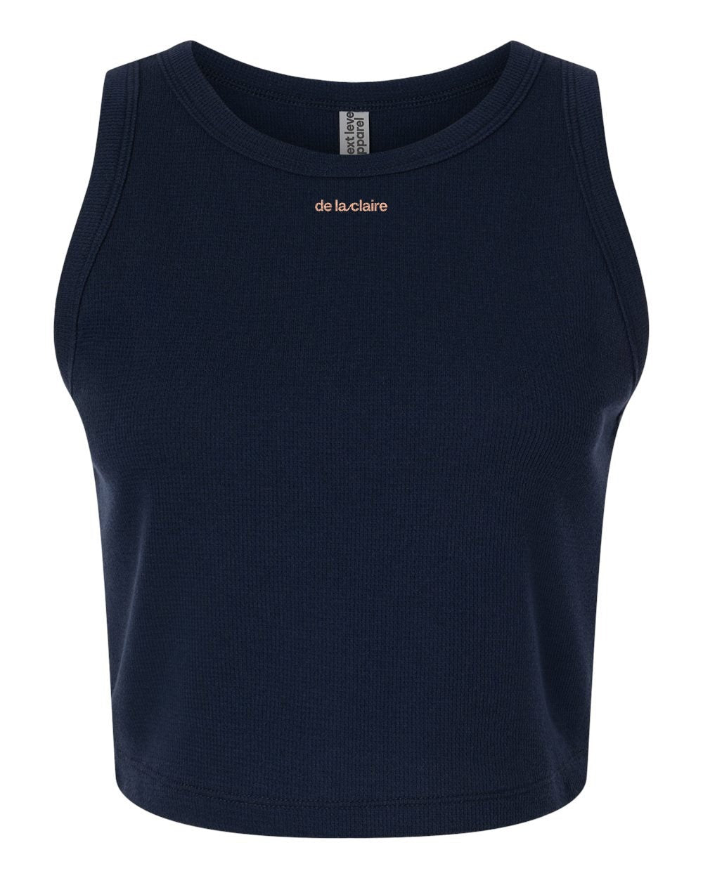 Thermal Crop Tank in Midnight Navy with peach wordmark, front