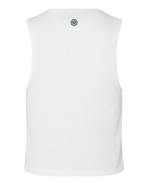 De La Claire Festival Crop Tank in White, back — magnolia medallion below the collar