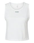 De La Claire Festival Crop Tank in White, front — wordmark below the collar
