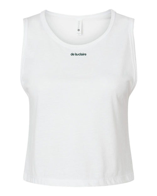 De La Claire Festival Crop Tank in White, front — wordmark below the collar