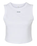 De La Claire Muscle Crop Tank in White, front — wordmark below the collar