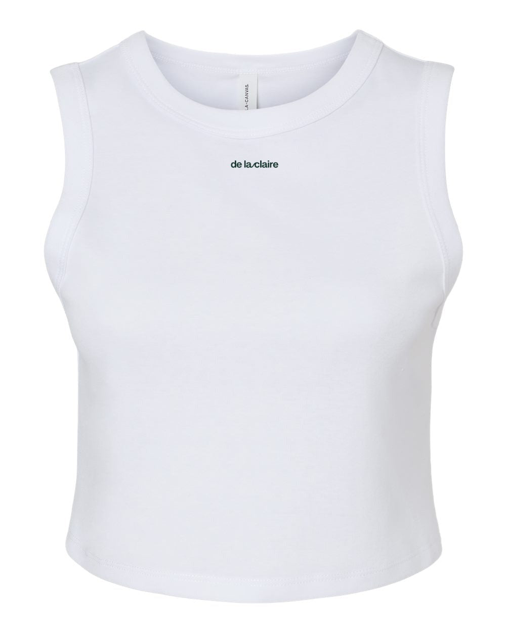 De La Claire Muscle Crop Tank in White, front — wordmark below the collar